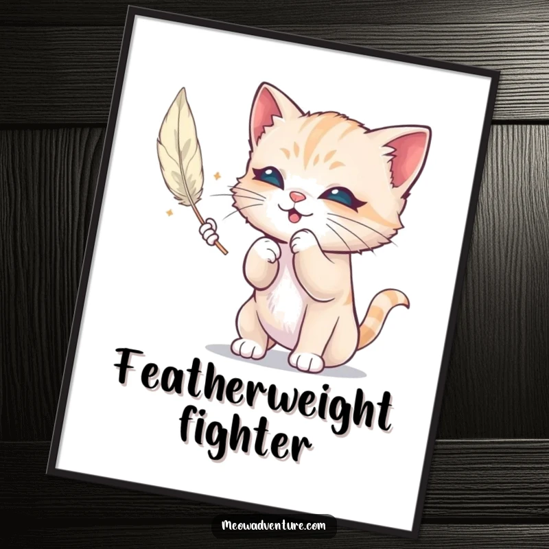 Funny poster depicting a mischievous kitten engaged in playful batting with a delicate floating feather, adding whimsical humor to any room.