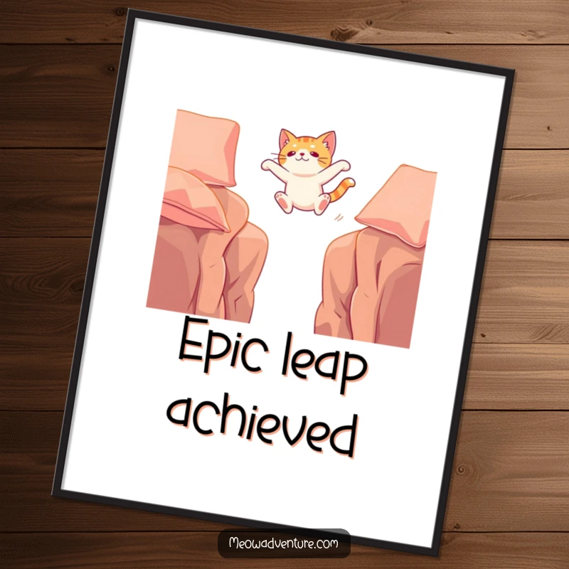 Funny poster capturing the intense moment of a cat leaping across a chasm between two cushions, highlighting agility and daring.