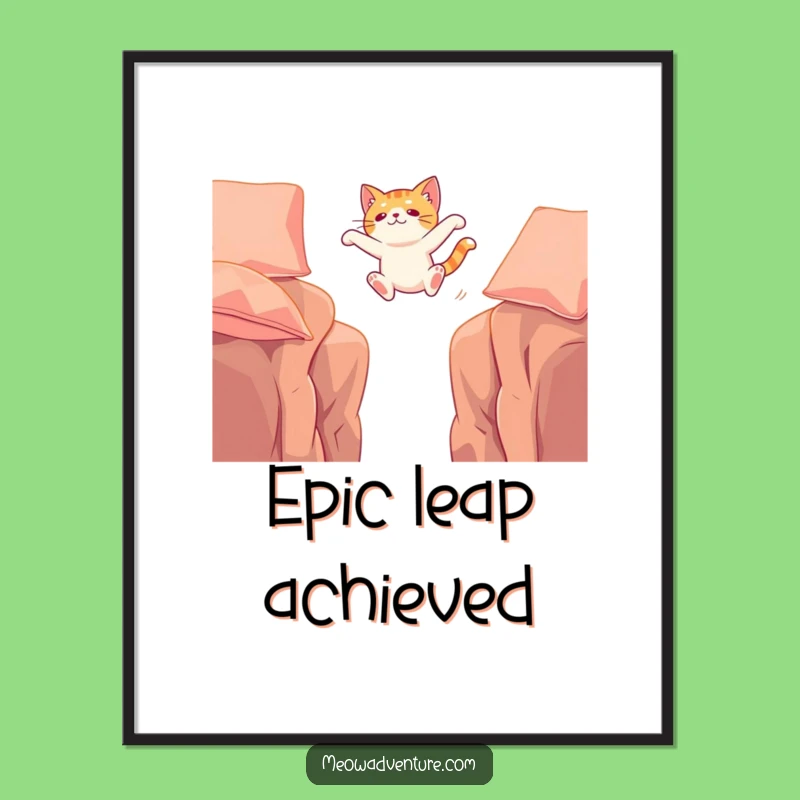 Funny Adventurous Cat Cushion Leap Poster: Dynamic Wall Art for Thrill-Seekers