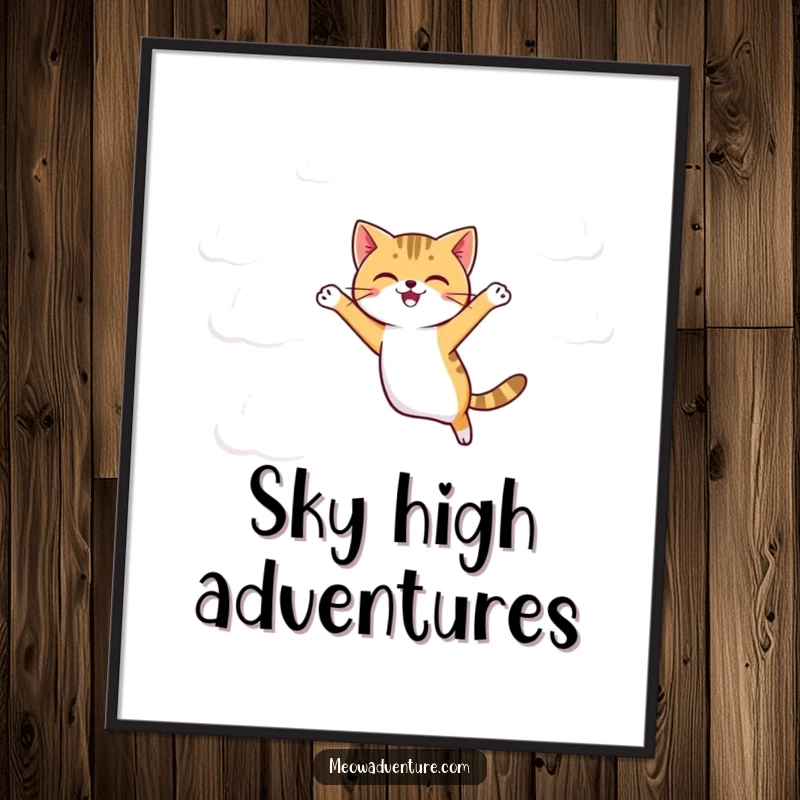 Funny agile cat jumping between fluffy cartoon clouds, presented as charming wall art.