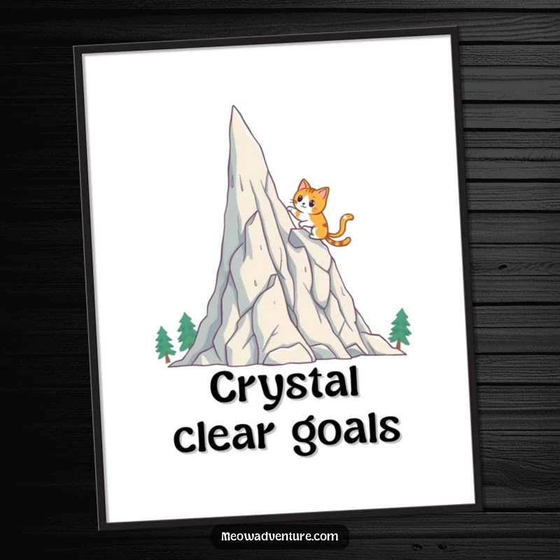 Funny Cat Poster: A brave cat character climbs a tall, whimsical crystal mountain, creating adventurous and humorous wall art.