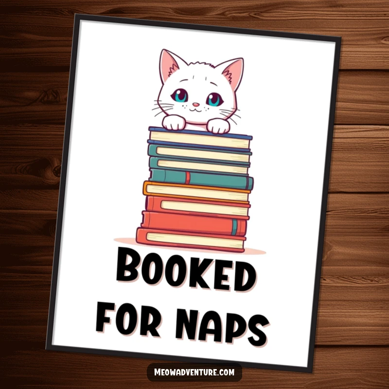 Funny Cat Books Poster showing a curious white cat peeking over a stack of books, adding literary charm and humor to decor.