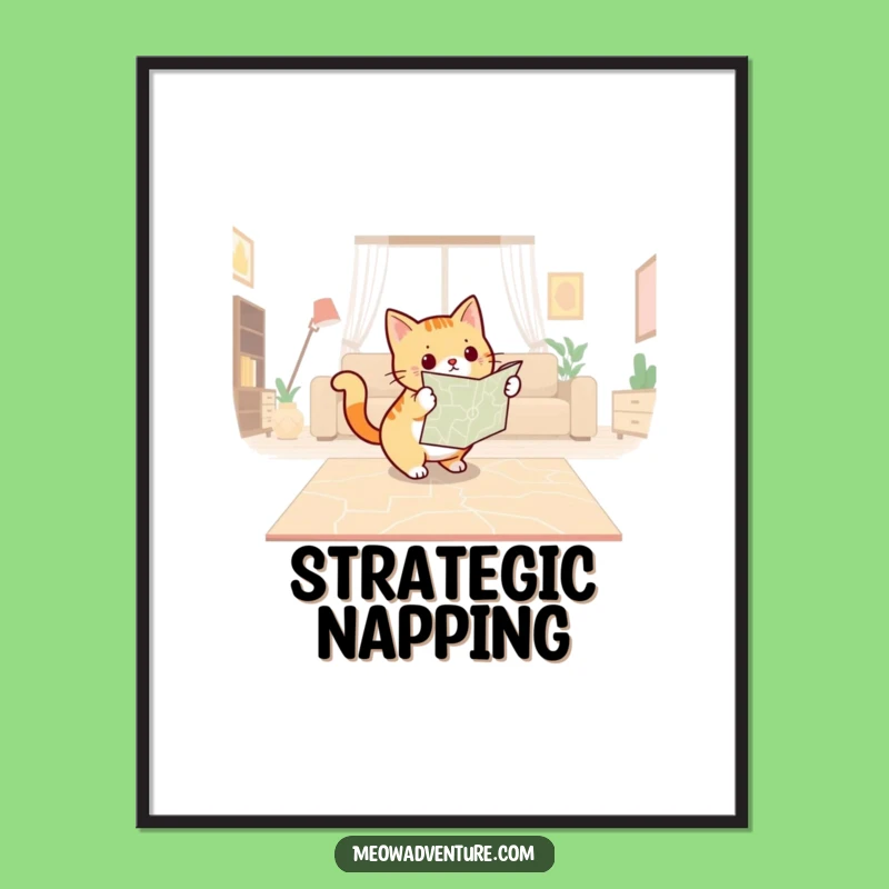 Funny Cat Navigator Poster: Adventurous Art Print with Map, Whimsical Wall Decor Gift