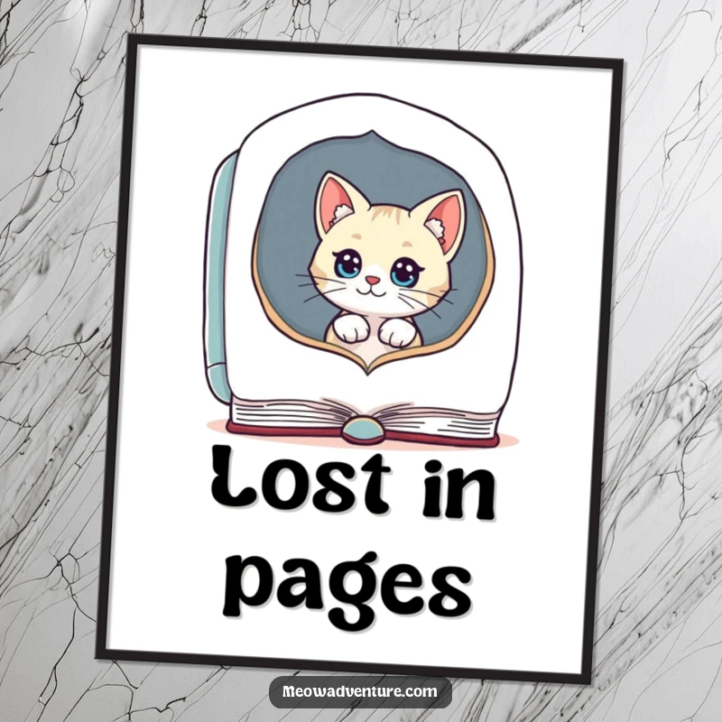 Funny poster of a curious cat peeking out of a giant, hollowed-out book, perfect for bookish decor.