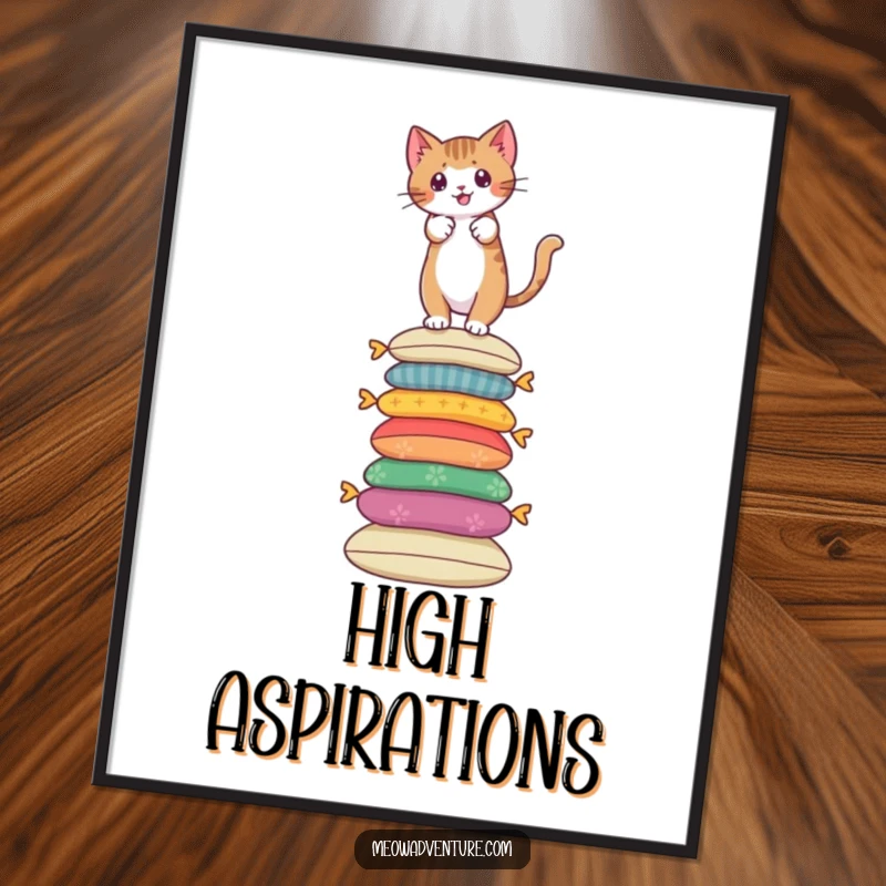 Funny poster of a brave cat climbing a tall stack of colorful cushions, motivational wall art.
