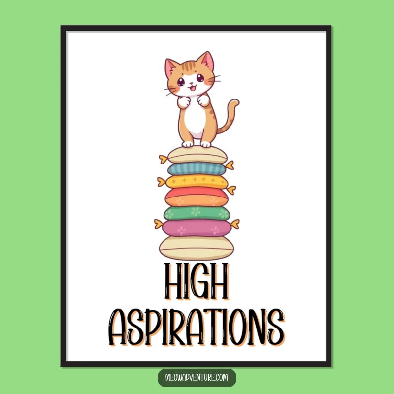 Funny Cat Poster - Cushion Climbing Adventure - Brave Feline Wall Art