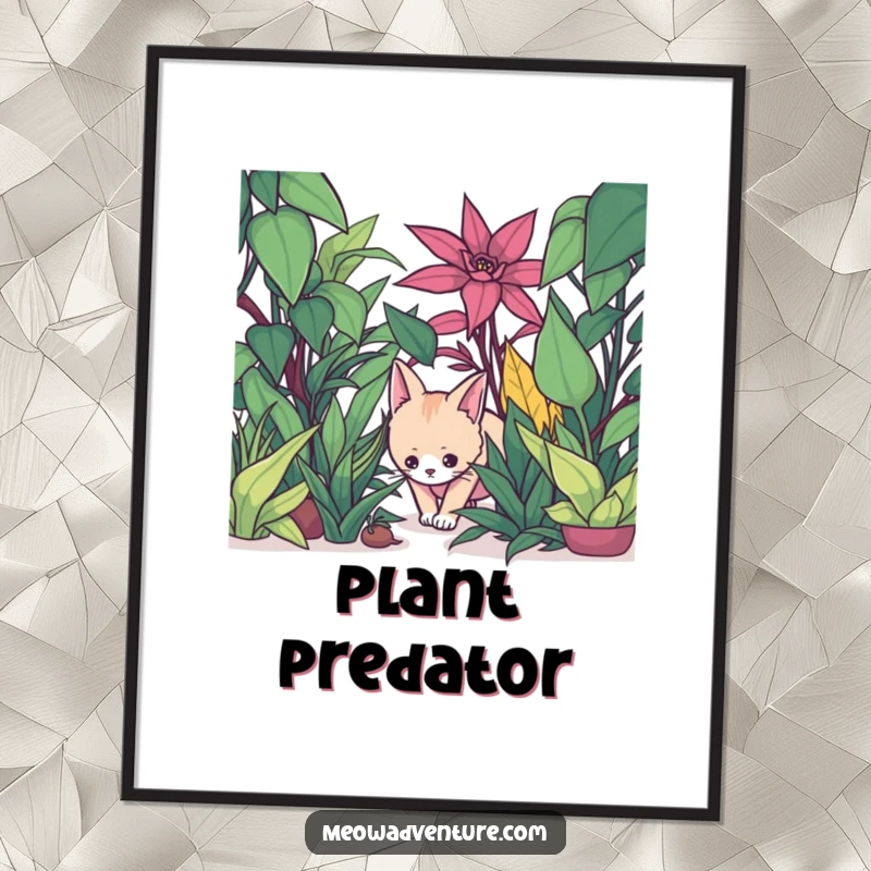Funny poster of a stealthy cat creeping through a jungle of oversized houseplants, perfect for plant decor.