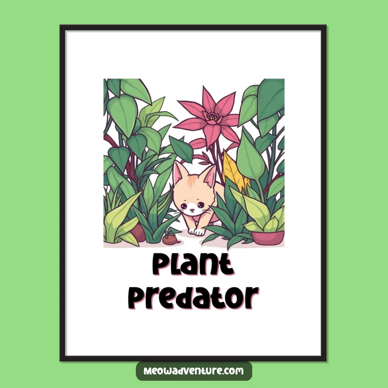 Funny Cat Poster - Houseplant Jungle Adventure - Stealthy Feline Art