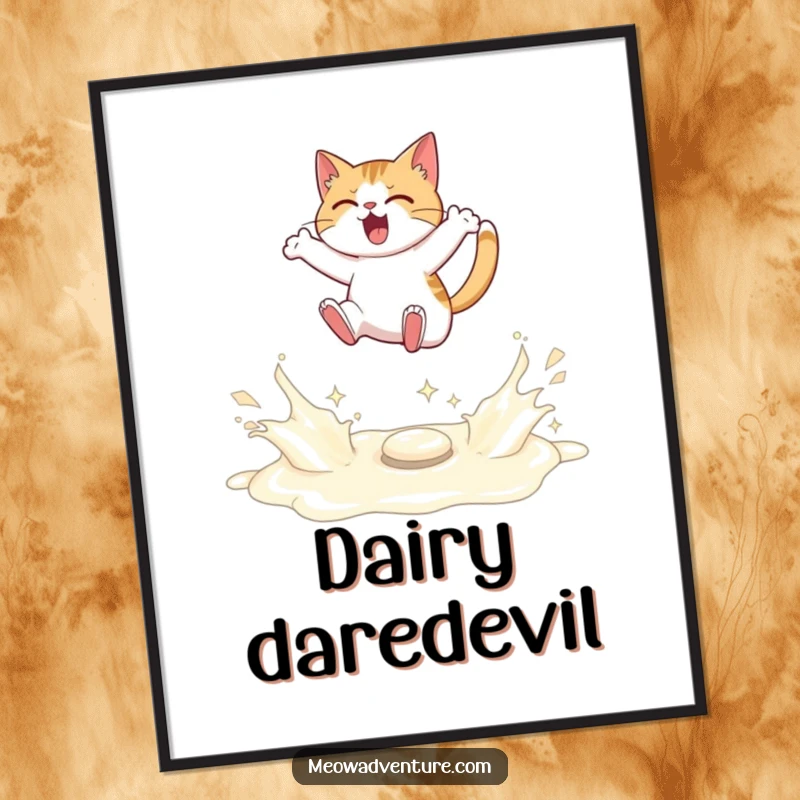 Funny poster of a determined cat leaping over a sparkling river of spilled milk, motivational art.