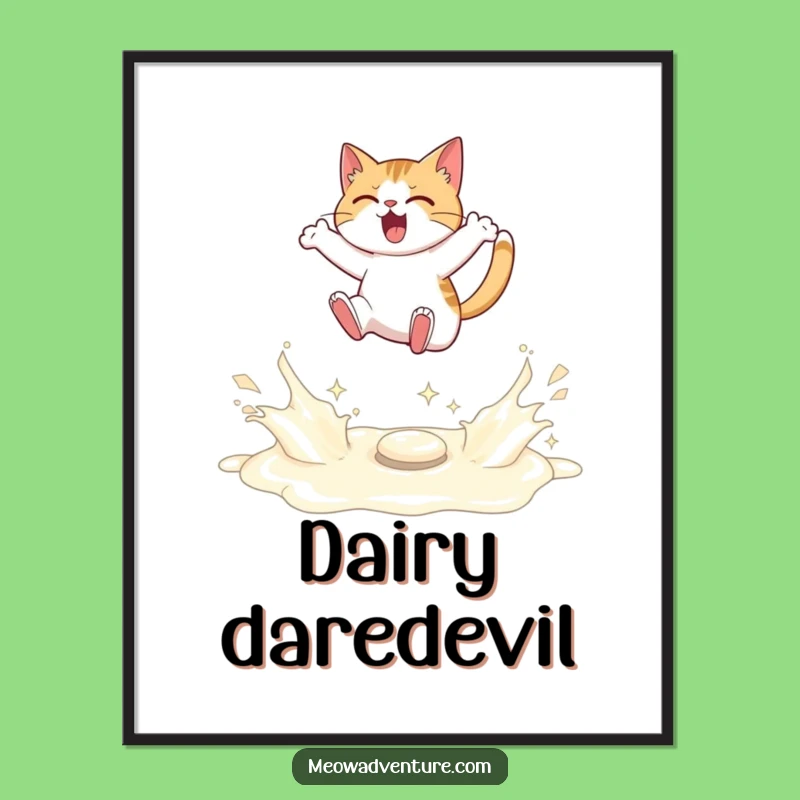 Funny Cat Poster - Milk River Leap - Determined Feline Wall Art