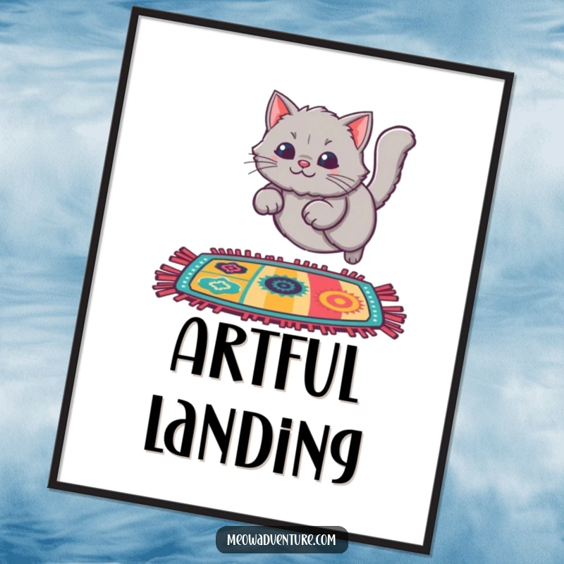 Funny Cat Rug Leap Poster illustrating a fluffy grey cat mid-leap onto a colorful rug, bringing playful energy to decor.
