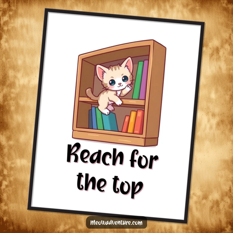 Funny curious kitten poster showing a small cat scaling an oversized bookshelf, evoking a sense of wonder and adventure.