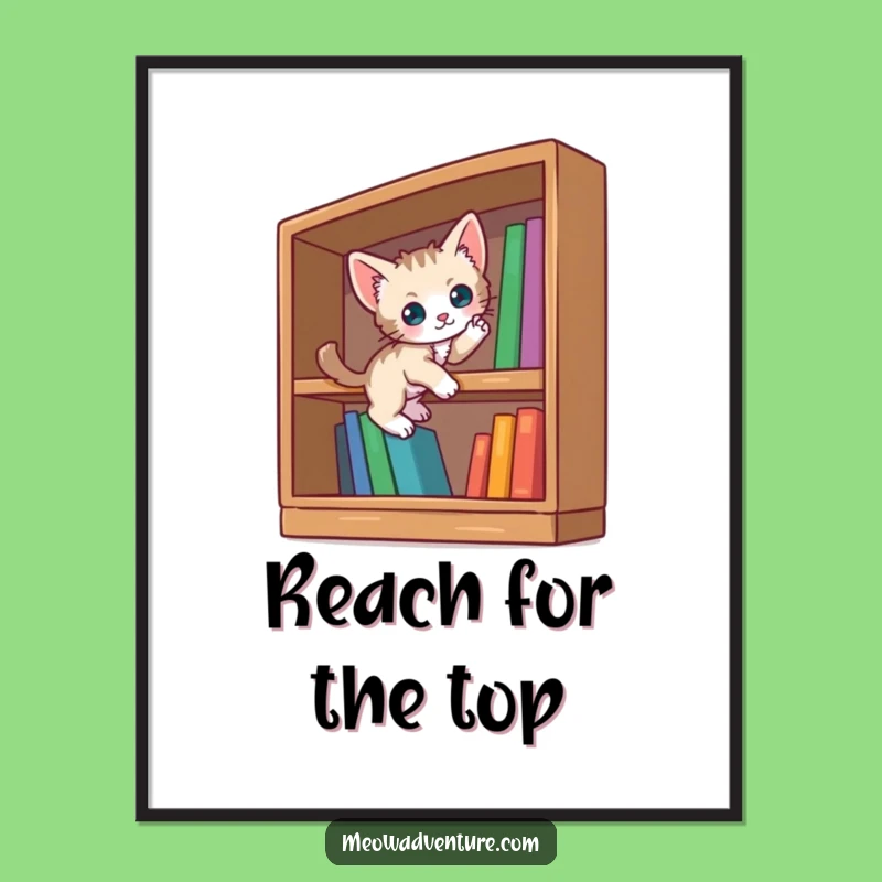 Funny Curious Kitten Poster: Bookshelf Scaling Adventure - Decorate with Literary Charm!