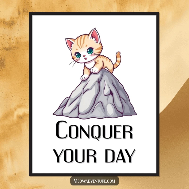 Funny poster of a determined kitten climbing a small mountain, symbolizing perseverance and cute strength, perfect wall art.