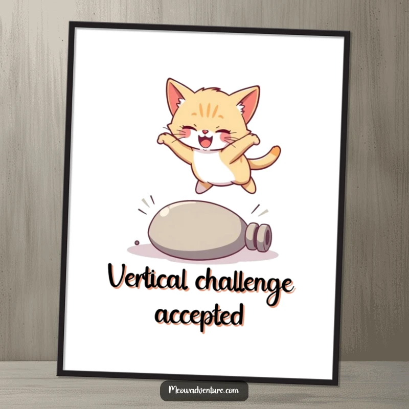 Funny kitten poster, a joyful cat in mid-air executing a graceful leap over a fallen object, a humorous art piece.