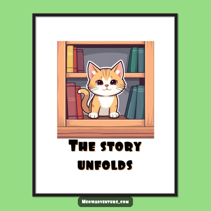 Funny Mysterious Cat Poster: Bookshelf Secret - Wall Art Intrigue!