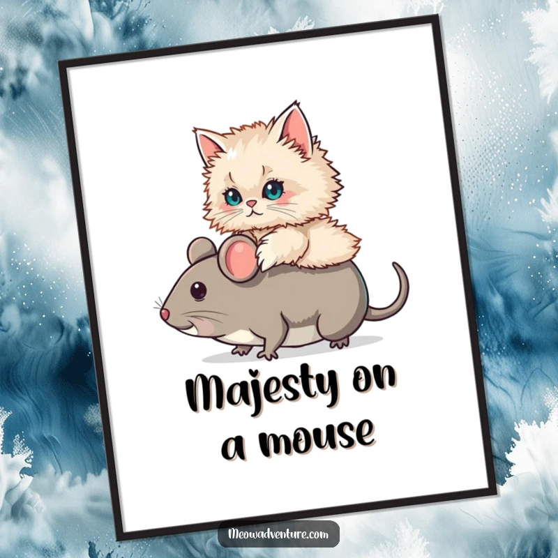 Funny Persian Cat Mouse Ride Poster showing a fluffy Persian cat confidently atop a comically oversized toy mouse. A humorous wall decoration.