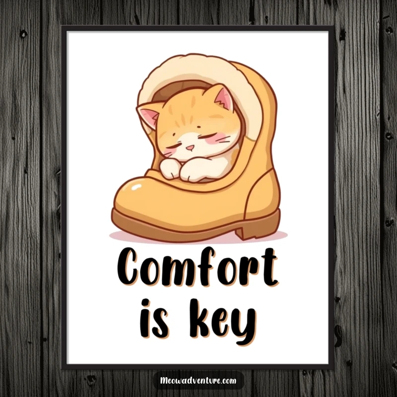 Funny poster showing a deeply relaxed cat sleeping soundly within the confines of a boot, evoking warmth and humor.