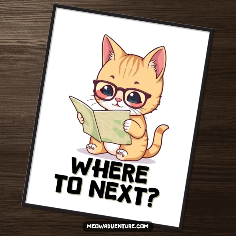 Funny poster depicting a smart cat wearing spectacles and studying a map, evoking intelligence and a sense of adventure.
