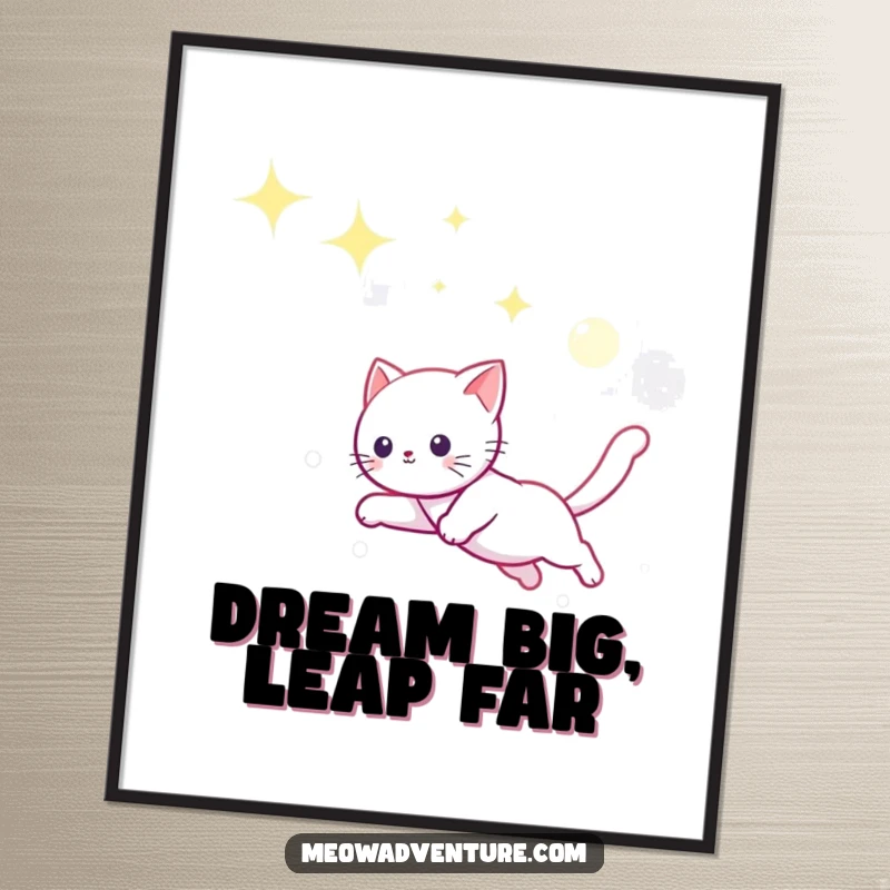 Funny framed poster of a playful cat leaping high in a deep blue starry sky, reaching for a shiny moonbeam.