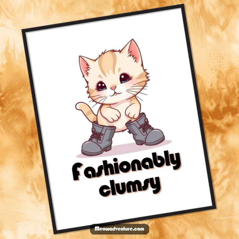 Funny kitten comically stumbling in huge boots, creating a hilarious scene on a vibrant poster for cat art collectors.