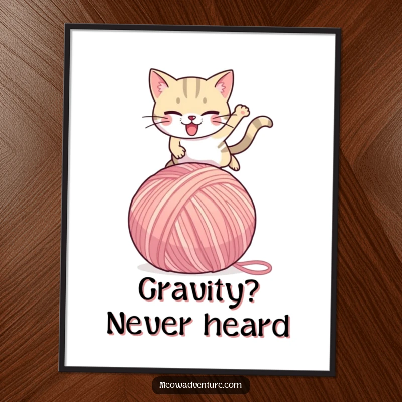 Funny Cat Poster: A determined cat character leaps heroically over a massive ball of yarn, creating a humorous and dynamic wall art piece.