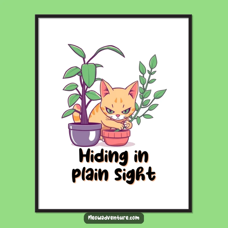 Funny Stealthy Cat Houseplant Poster - Whimsical Funny Wall Art
