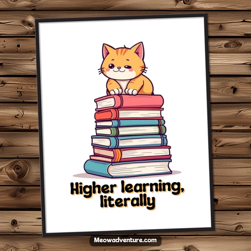 Funny poster featuring a determined cat climbing a huge stack of books like a mountain, conveying ambition and humor for wall decor.