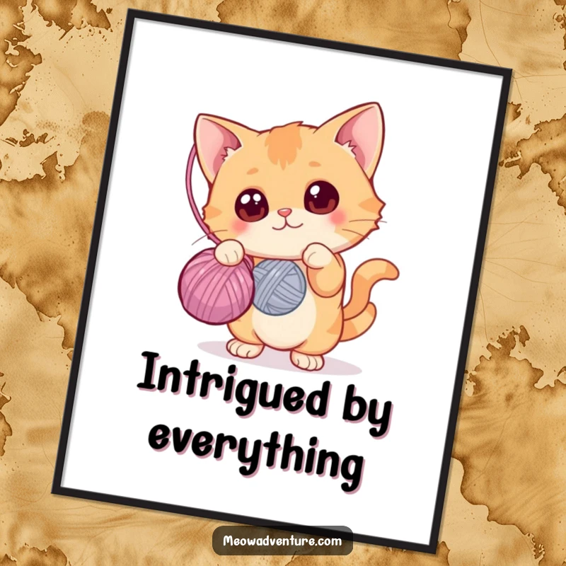 Funny poster art of a curious cat with wide eyes batting at a yarn ball, playful wall decor, great funny gift.