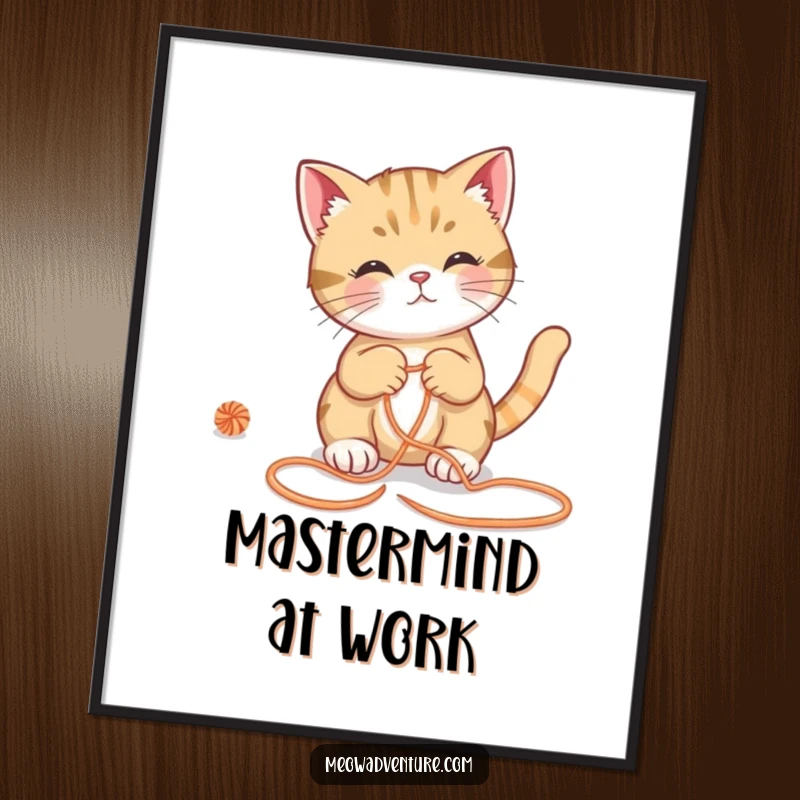 Funny cat poster, intelligent cat in a yarn maze, humorous wall art depicting problem-solving, perfect funny gift for decor.