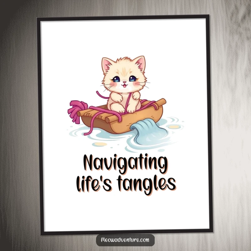 Funny fluffy kitten on a yarn raft sailing down a stream of colorful yarn, on a decorative poster.