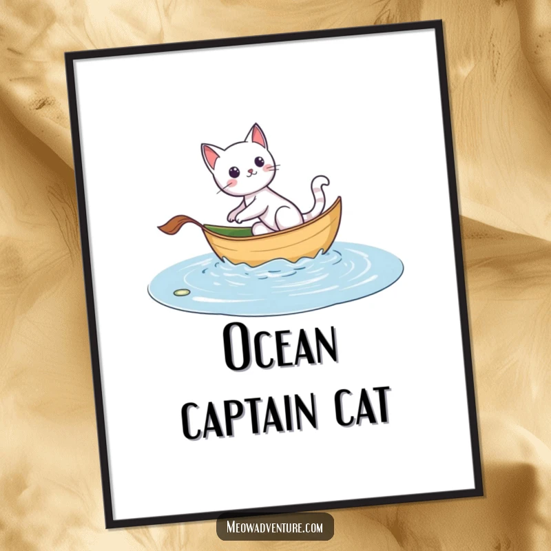 Funny poster featuring an adventurous cat sailing across a puddle on a leaf boat, embodying courage and the thrill of discovery.