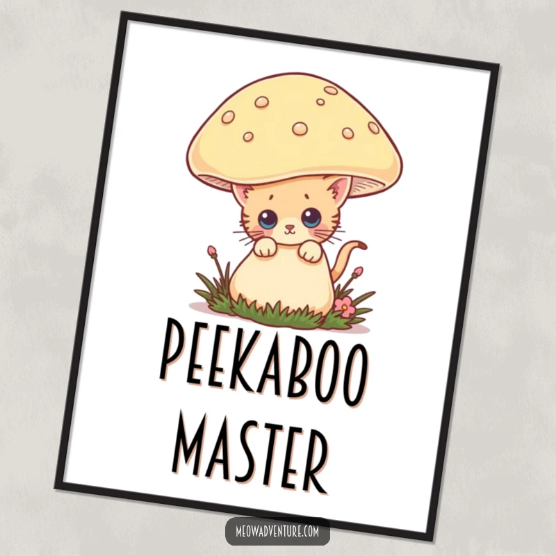 Funny poster featuring a curious kitten peeking from behind a giant mushroom, creating a whimsical and humorous piece of wall art.