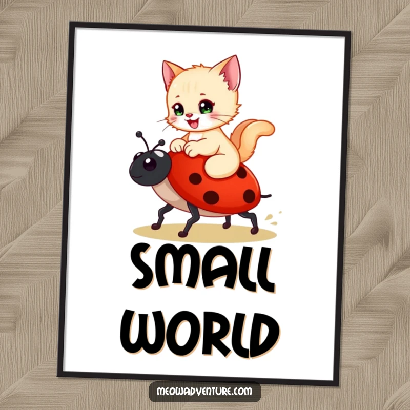 Funny poster of a happy kitten riding a ladybug like a brave steed, bringing whimsical and charming art.