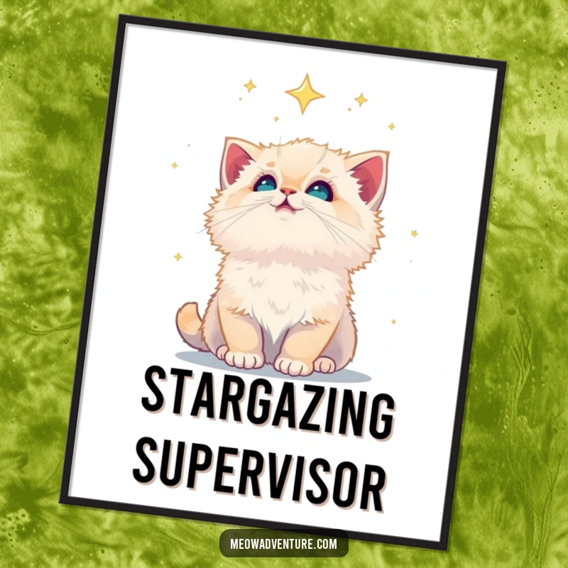 Funny fluffy kitten looking up at a dazzling starry night sky, displayed on a poster, creating a magical atmosphere.