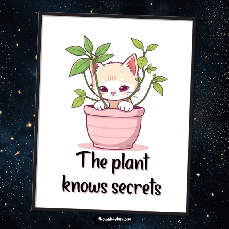 Stealthy kitten poster capturing a cat peeking from behind a potted plant, ideal for adding whimsical and playful wall decor.