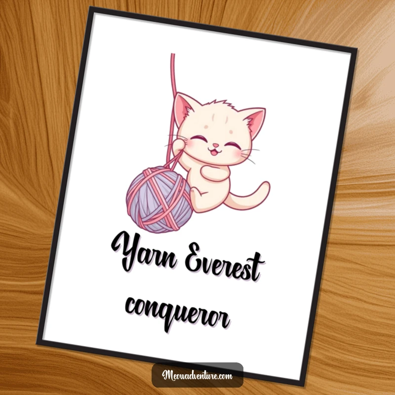 Funny poster featuring a brave kitten rappelling down a large ball of yarn, creating a humorous and adventurous piece of wall art.