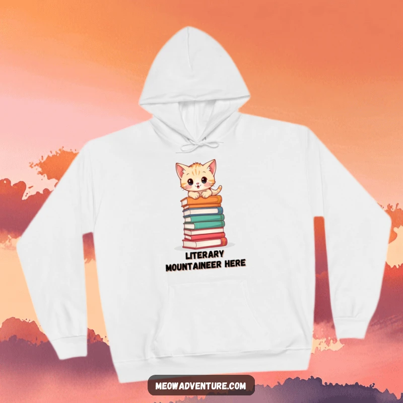 Adventurous kitten hoodie depicting a cat precariously climbing a stack of books, offering warmth and literary charm.