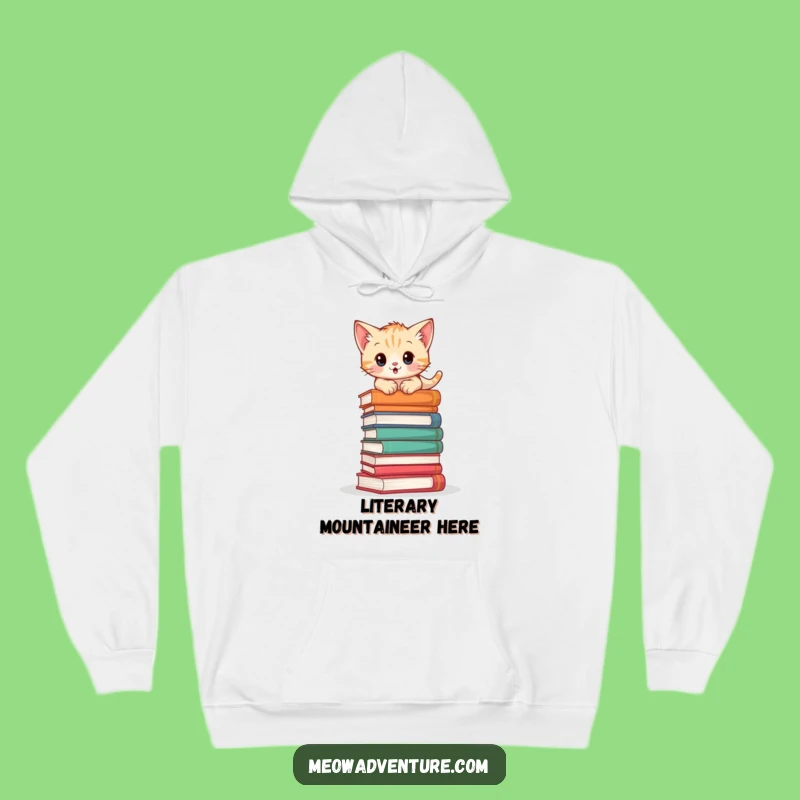 Adventurous Kitten Book Climb Hoodie: Cozy Wear for Literary Explorers