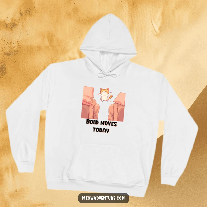 Funny hoodie depicting a cat executing a spectacular leap between two cushions, capturing thrilling action and feline determination.