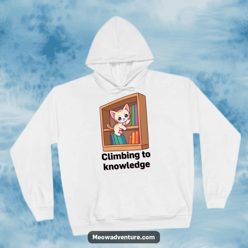 Funny curious kitten hoodie featuring a small cat scaling an oversized bookshelf, perfect for cozying up with a book.