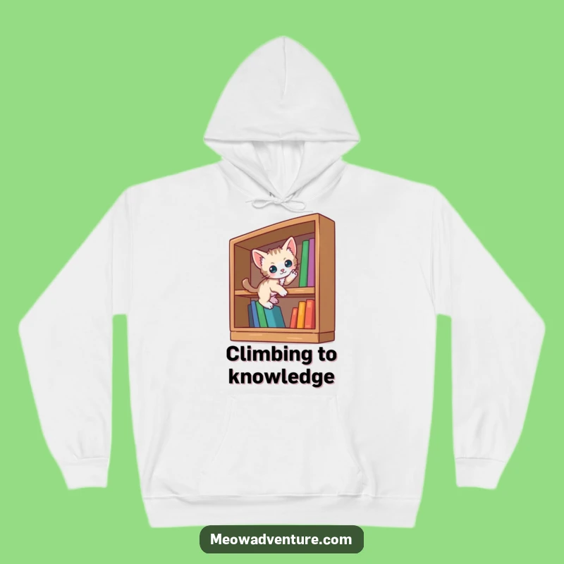 Funny Curious Kitten Hoodie: Cozy Bookshelf Scaling Design - Warm Literary Fun!