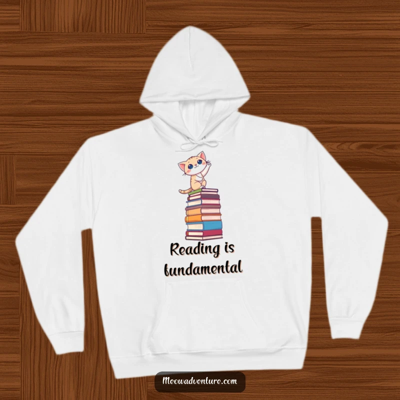 Funny hoodie depicting a cat bravely ascending a colossal stack of books, symbolizing perseverance and a thirst for knowledge.
