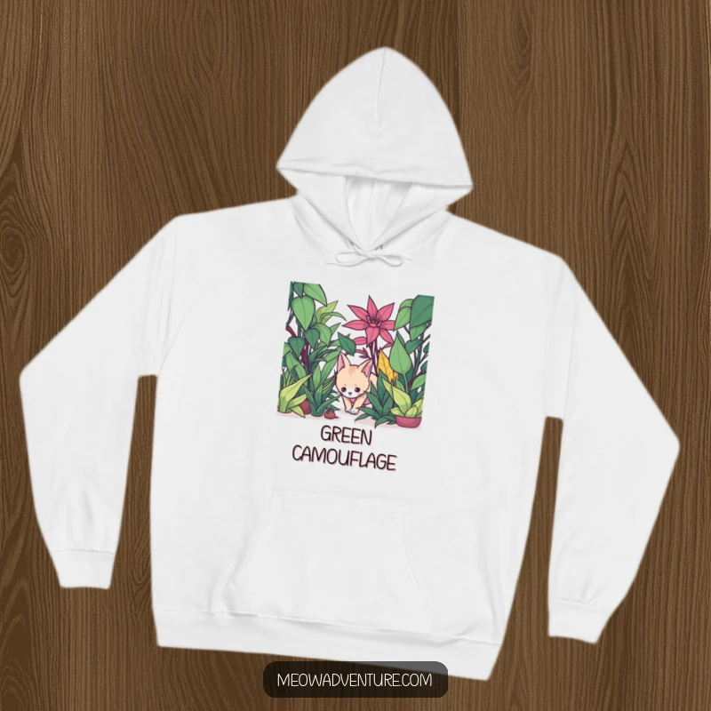 Funny hoodie featuring a stealthy cat creeping through an oversized houseplant jungle, perfect for explorers.