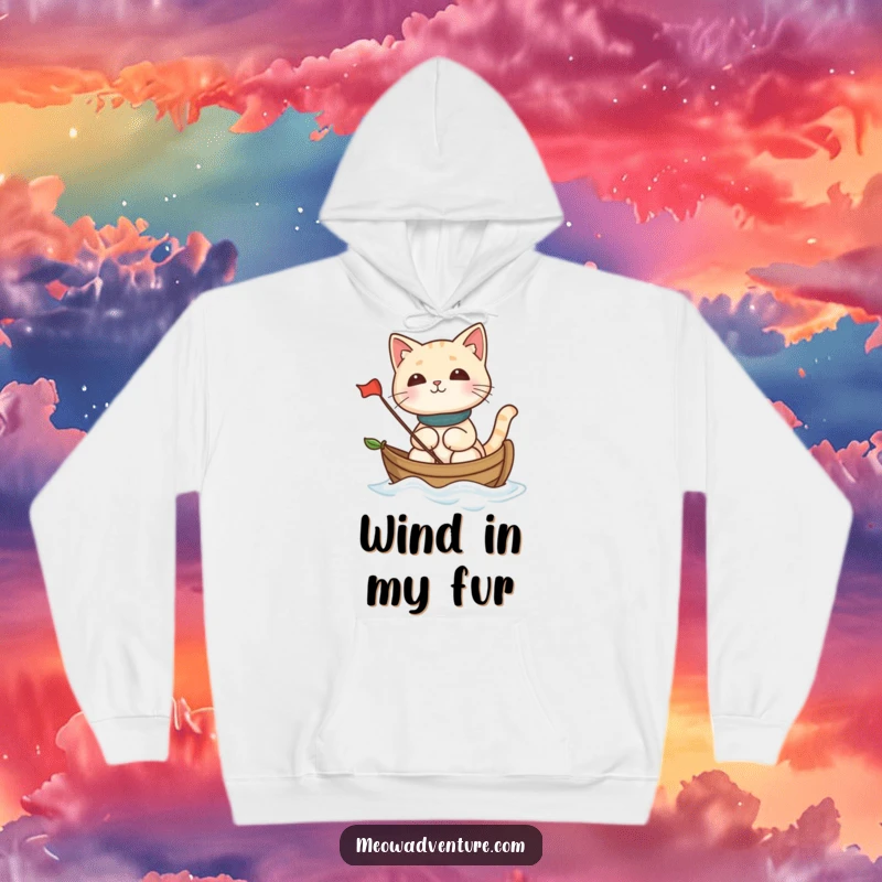 Funny cat navigating a leaf boat on a whimsical journey, perfect for a cozy and funny hoodie gift.