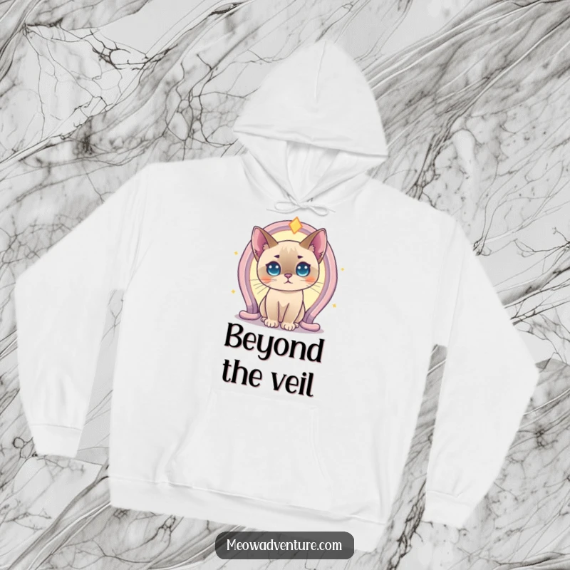Funny Curious Siamese Cat Portal Hoodie showing a Siamese cat gazing into a vibrant, glowing magical portal. A warm, humorous, and mystical top.