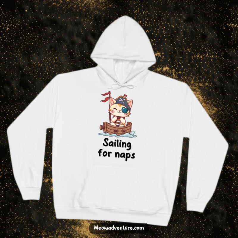 Funny cat in a pirate hat sailing a miniature ship, featured on a cozy hoodie, perfect for chilly days.