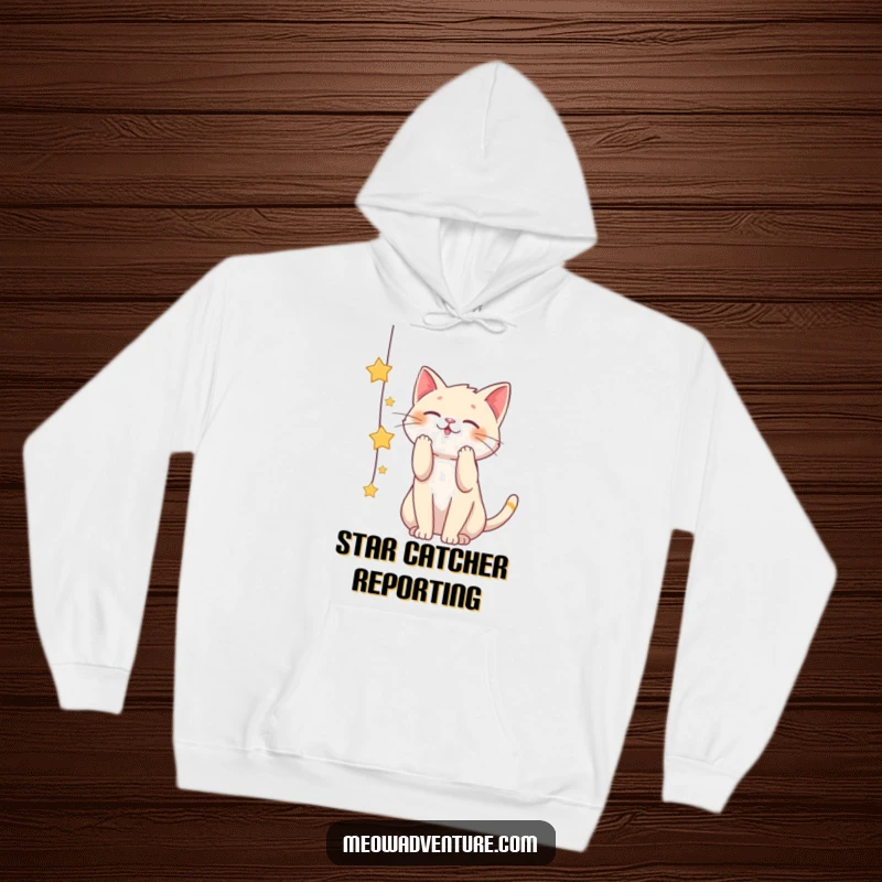 Funny hoodie depicting a cat playfully reaching for a string of stars, symbolizing dreams, aspirations, and cosmic fun.