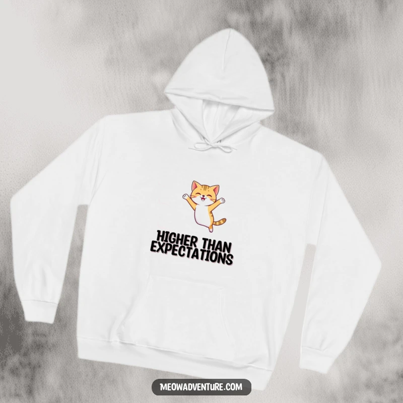 Funny agile cat jumping between cartoon clouds, featured on a soft and humorous hoodie.