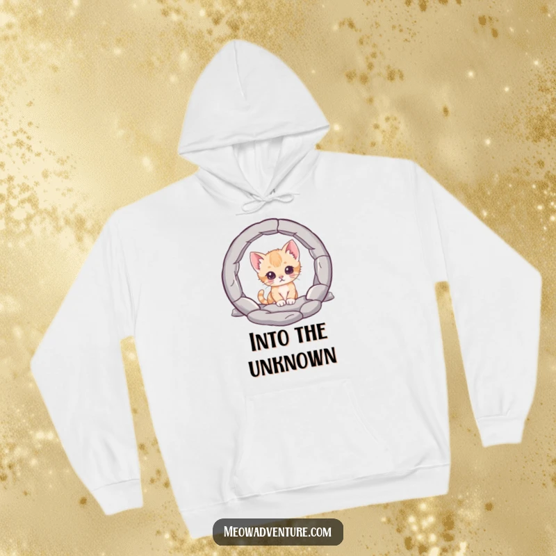 Funny hoodie, a curious kitten character peering into a mysterious portal, offering cozy warmth and a symbol of playful curiosity and discovery.